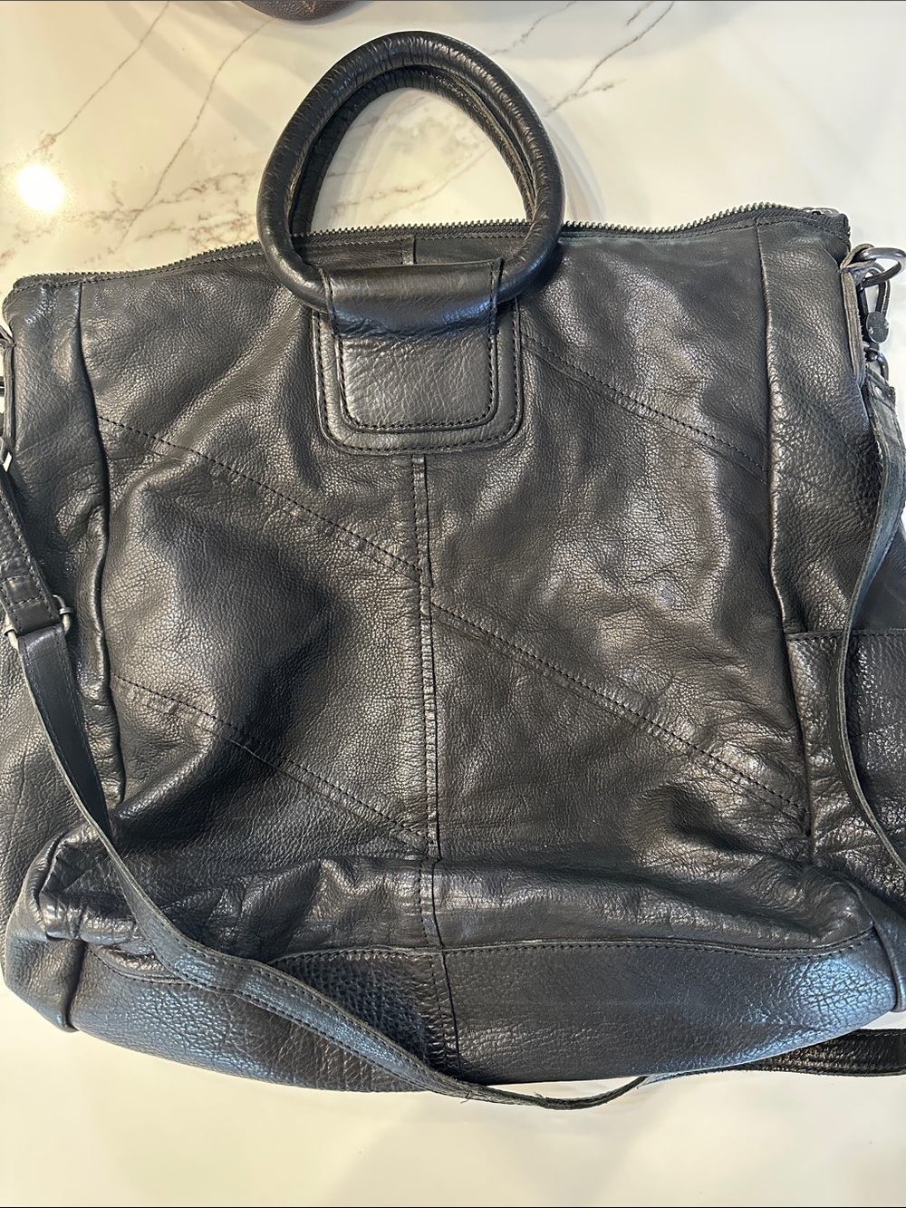HOBO Sheila large Black Leather Satchel with Top Handles and Crossbody Strap